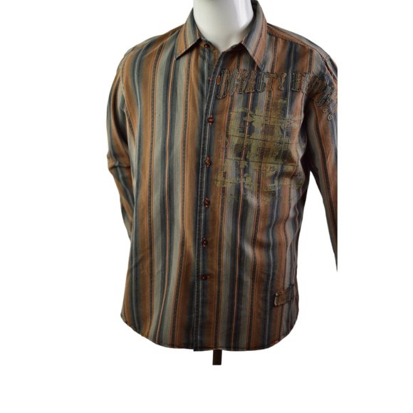 Point Zero Black Label MEN sz M  Long Sleeves Shirt Orange Brown Gray Stripes - Picture 2 of 12